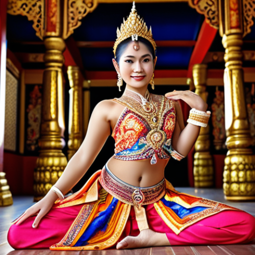 Home 19 **AI-assisted Thai Dancer Creation:** A vibrant, ornate Thai dancer, brought to life with intricate details generated by AI, showcasing the beauty of traditional Thai dance. Use vibrant colors and emphasize the details of the costume.