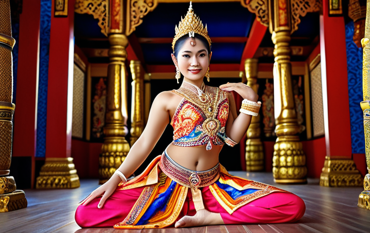 **AI-assisted Thai Dancer Creation:** A vibrant, ornate Thai dancer, brought to life with intricate details generated by AI, showcasing the beauty of traditional Thai dance. Use vibrant colors and emphasize the details of the costume.