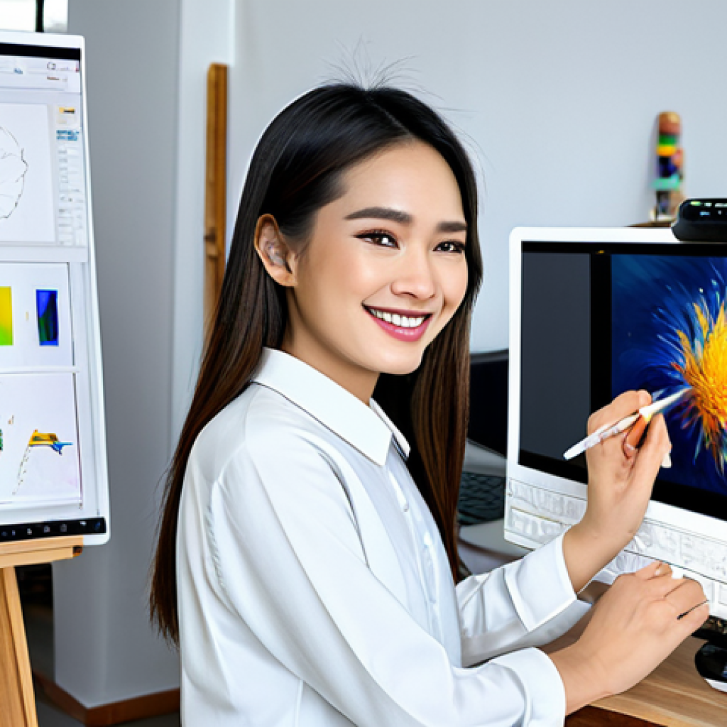 AI-Assisted Artist**

A Thai artist in their studio, working on a digital painting using a tablet and AI software. The studio is bright and modern, filled with art supplies and examples of their work.  The artist is smiling confidently, showcasing the fusion of human creativity and AI technology. Fully clothed, modest clothing, professional setting, perfect anatomy, natural proportions, well-formed hands, proper finger count, appropriate content, safe for work, professional.

**