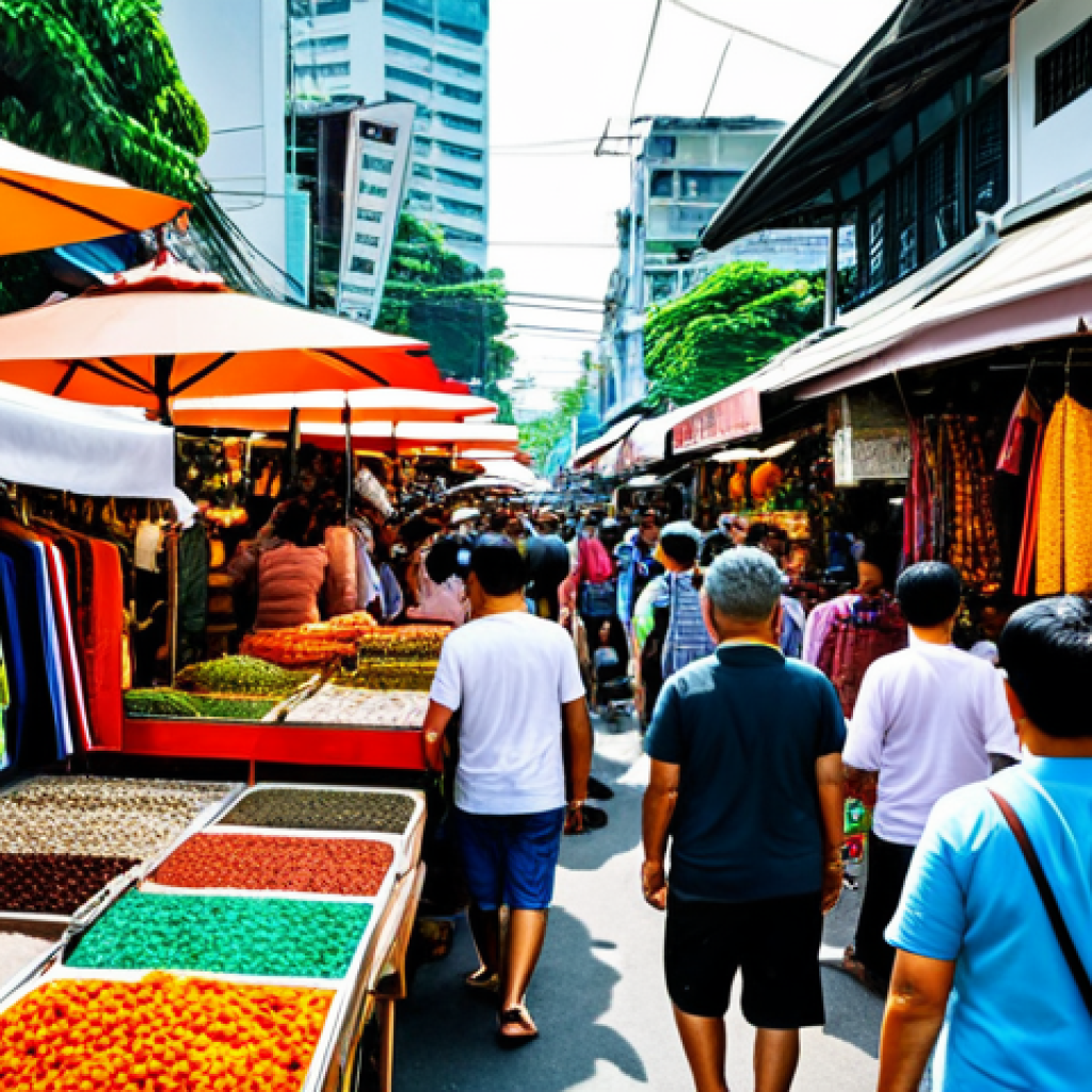 ** A vibrant scene of Chatuchak Weekend Market in Bangkok. Crowds of people are shopping for colorful clothing, handicrafts, and street food. The air is filled with the aroma of Thai spices and the sounds of bargaining.

**
