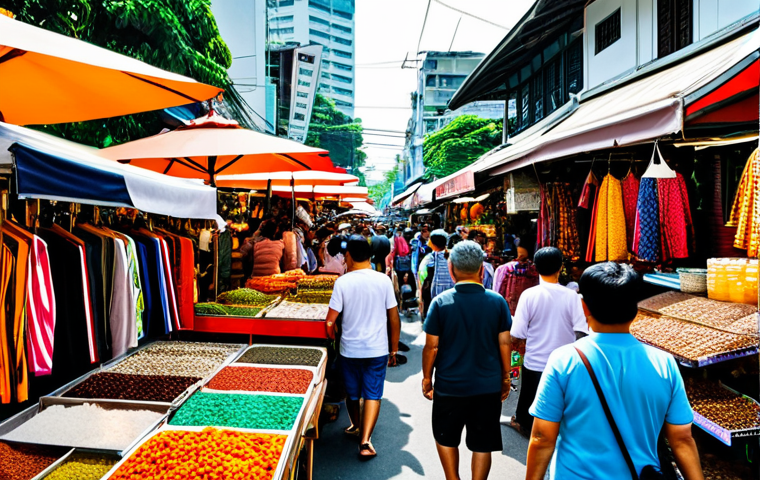 ** A vibrant scene of Chatuchak Weekend Market in Bangkok. Crowds of people are shopping for colorful clothing, handicrafts, and street food. The air is filled with the aroma of Thai spices and the sounds of bargaining.

**