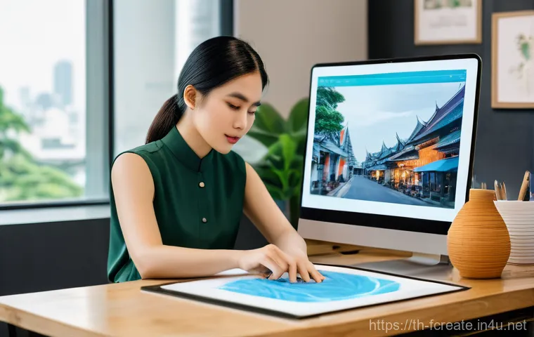 디지털 창작  기계와의 협업 - **Prompt:** A young Thai female creator, around 28 years old, with a warm and focused expression. Sh...