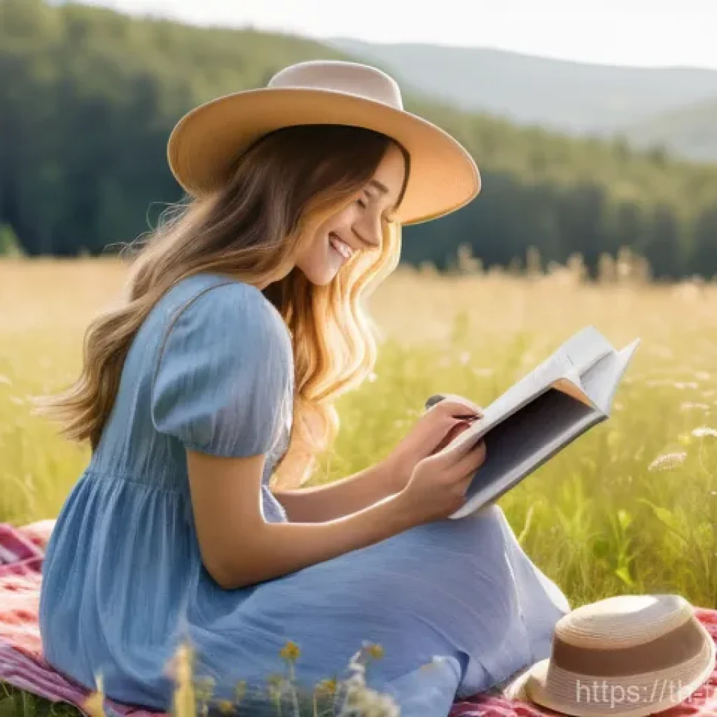 인공지능과 예술의 창작적 한계 - A cheerful young woman in her early twenties, wearing a modest, flowy sundress and a wide-brimmed ha...