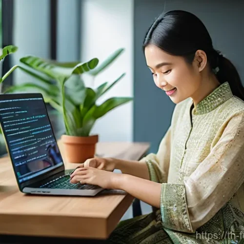 AI 창작 도구와 작가들의 갈등 - **A Thai writer collaborating with AI in a modern setting:**
    "A young Thai female writer, in her...