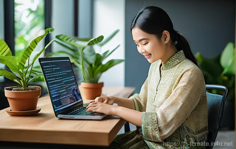 AI 창작 도구와 작가들의 갈등 - **A Thai writer collaborating with AI in a modern setting:**
    "A young Thai female writer, in her...