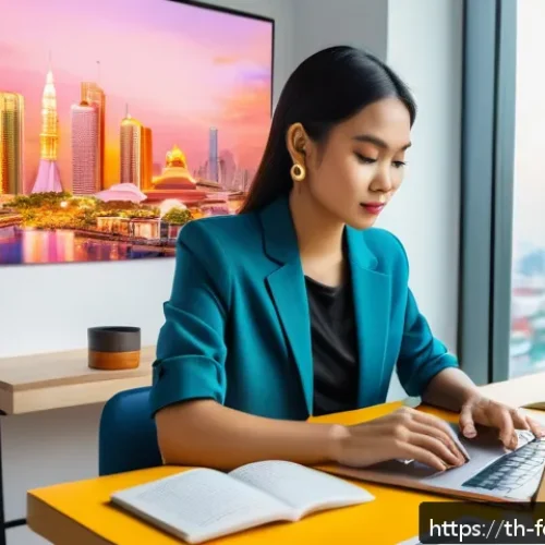AI 기반 디자인 창작 툴 - A modern graphic design workspace featuring a young Thai professional designer using AI-powered desi...