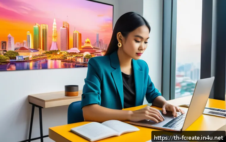 AI 기반 디자인 창작 툴 - A modern graphic design workspace featuring a young Thai professional designer using AI-powered desi...