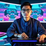 미래의 예술  인간 vs AI - A contemporary Thai digital artist in a modern studio blending traditional Thai cultural motifs with...