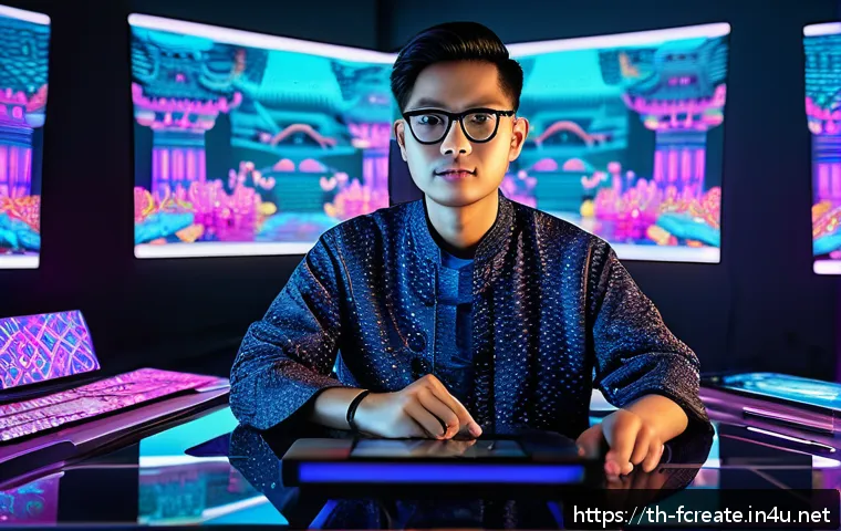 미래의 예술  인간 vs AI - A contemporary Thai digital artist in a modern studio blending traditional Thai cultural motifs with...
