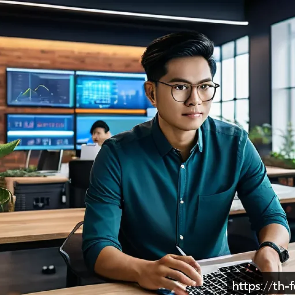 미래의 창작 산업과 디지털 트렌드 - A modern creative workspace featuring diverse Thai designers collaborating on digital projects using...