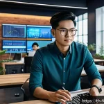 미래의 창작 산업과 디지털 트렌드 - A modern creative workspace featuring diverse Thai designers collaborating on digital projects using...