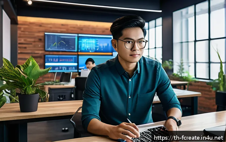 미래의 창작 산업과 디지털 트렌드 - A modern creative workspace featuring diverse Thai designers collaborating on digital projects using...