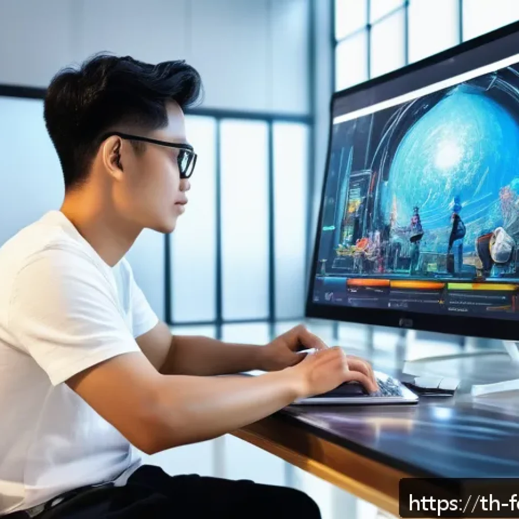 미래의 창작자들이 사용할 AI 도구 - A futuristic creative workspace featuring a young Thai digital artist collaborating with an AI assis...