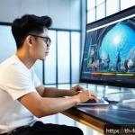 미래의 창작자들이 사용할 AI 도구 - A futuristic creative workspace featuring a young Thai digital artist collaborating with an AI assis...