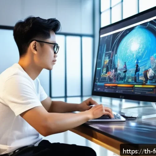 미래의 창작자들이 사용할 AI 도구 - A futuristic creative workspace featuring a young Thai digital artist collaborating with an AI assis...