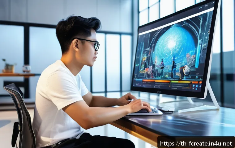 미래의 창작자들이 사용할 AI 도구 - A futuristic creative workspace featuring a young Thai digital artist collaborating with an AI assis...