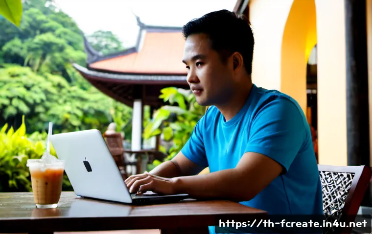 Home 17 디지털 노마드와 창작 - Photorealistic Thai digital nomad creative professional working on a laptop and sketchbook at a quie...