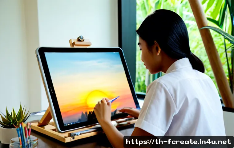 기술이 바꾸는 예술 창작의 방식 - Photorealistic contemporary art studio in Bangkok, a Thai female artist in modest casual clothing us...
